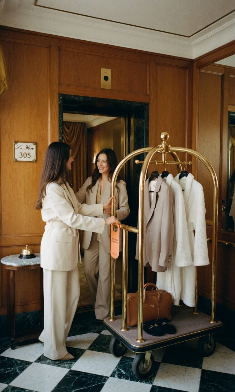 Two elegant ladies checking in a boutique hotel